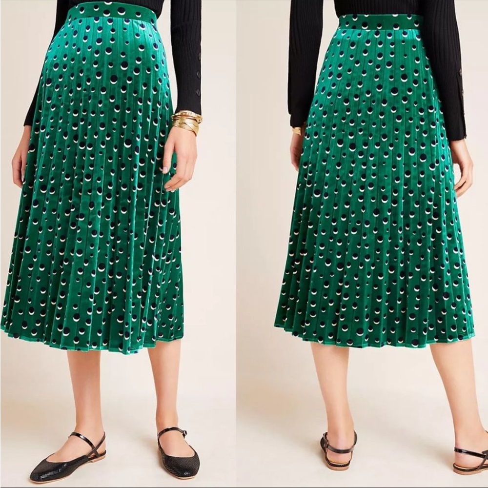 Anthropologie Green Polka Dot Midi Skirt